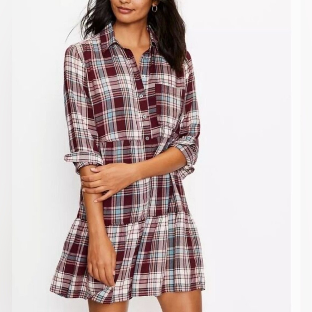 LOFT Burgundy Plaid Long Sleeve Dress